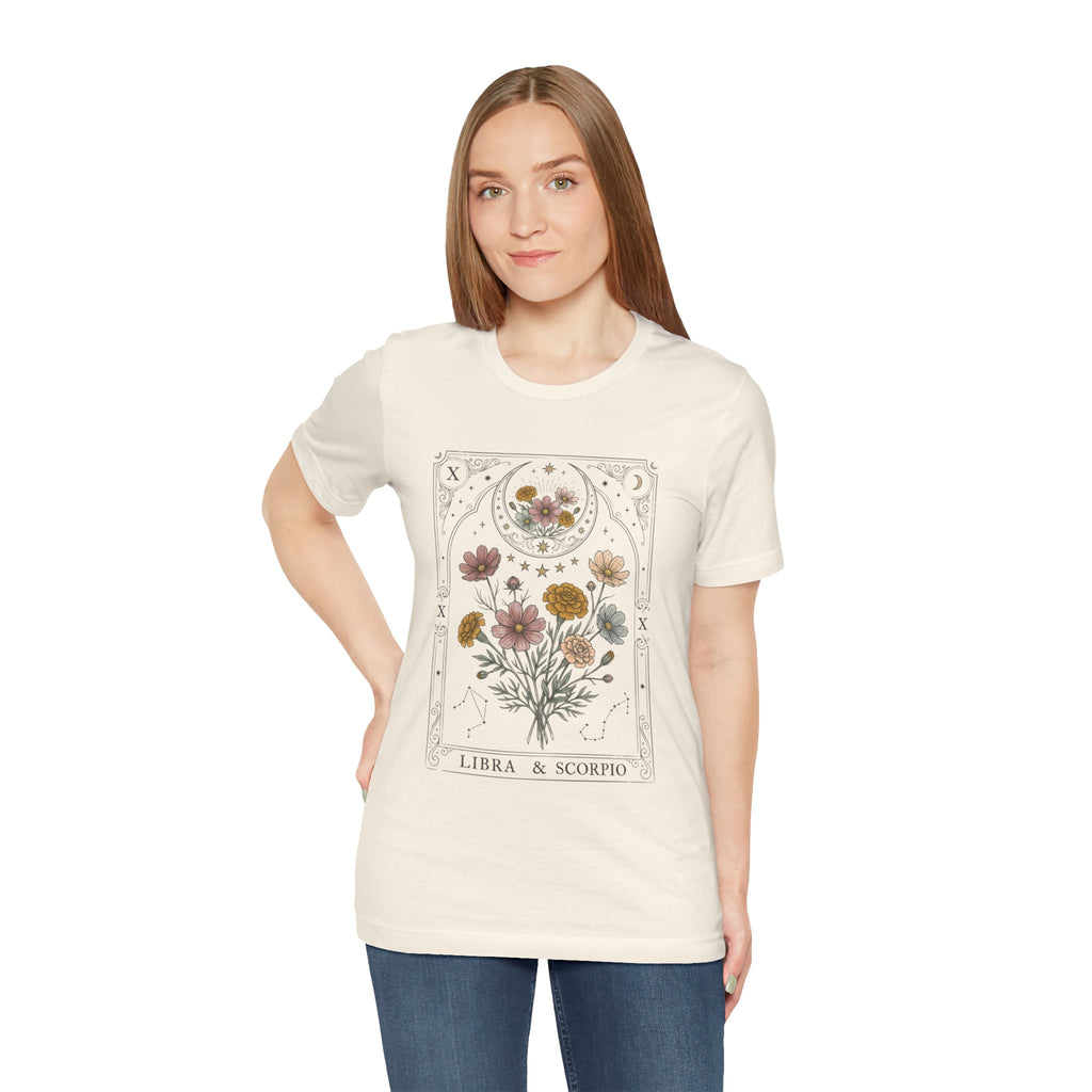Libra & Scorpio Floral Zodiac T‑Shirt — Botanical Horoscope Tee