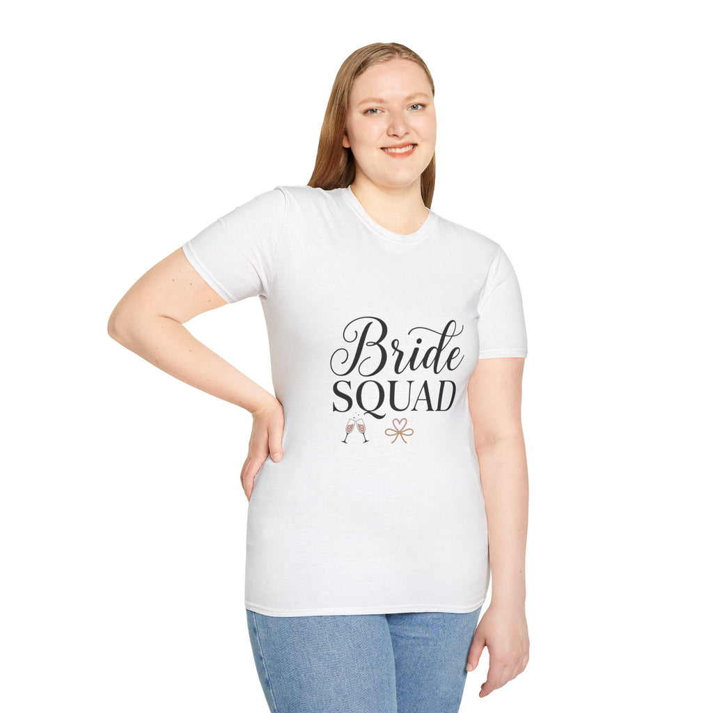 Bride Squad T-Shirt — Bachelorette Party Bridesmaid Tee with Champagne Icons