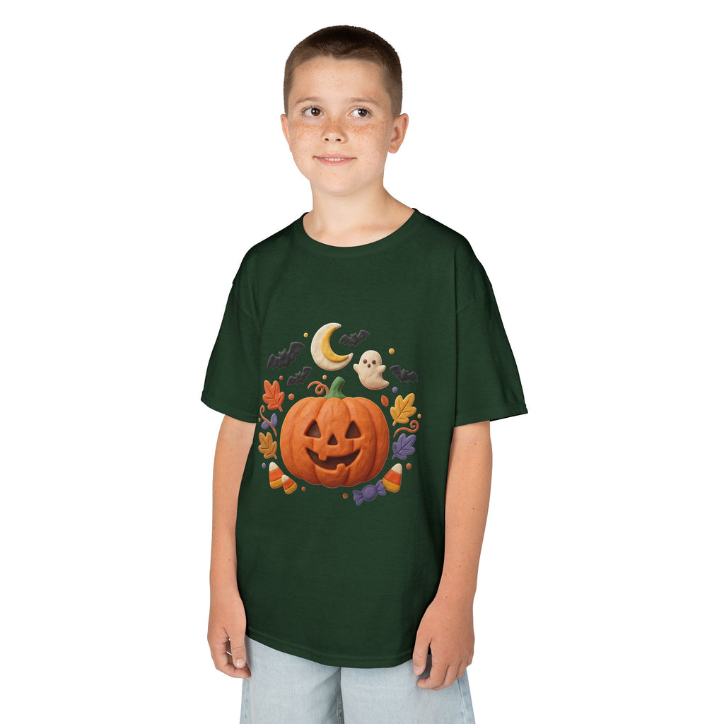 Jack-o'-Lantern Pumpkin Kids Tee | Halloween Ghosts, Bats, Moon, Autumn Leaves
