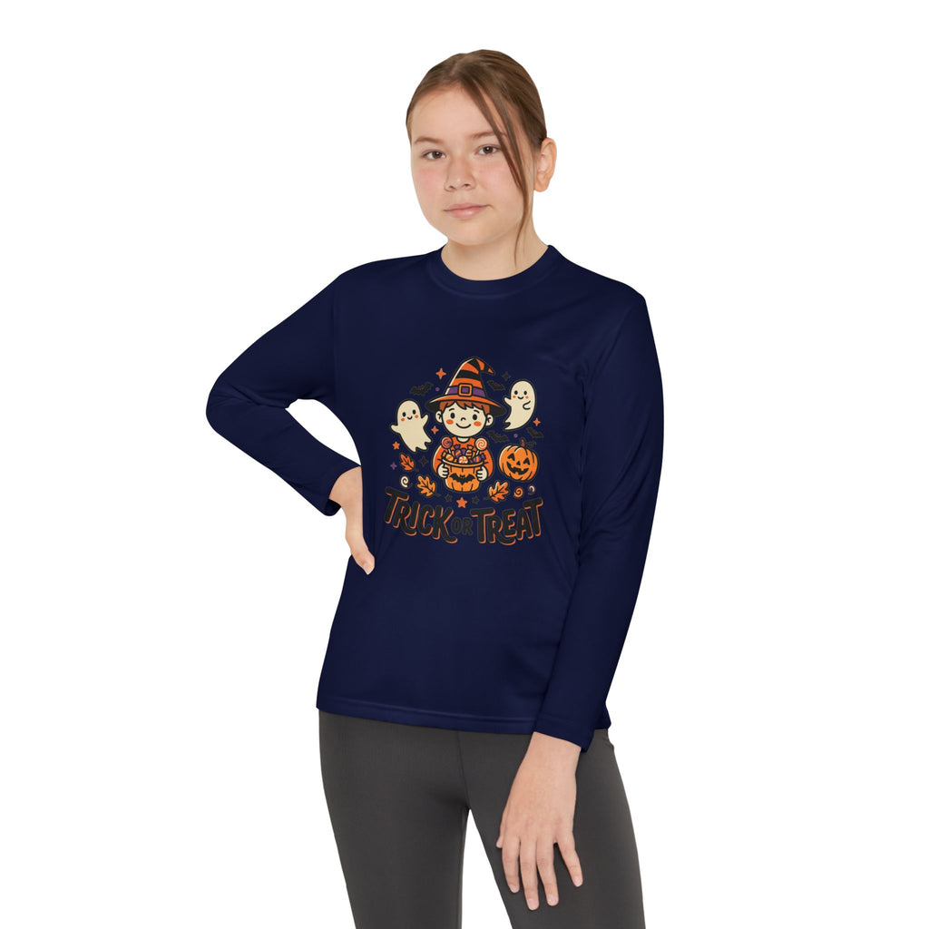 Trick or Treat Witch Kid Long Sleeve Shirt | Halloween Ghosts Pumpkins