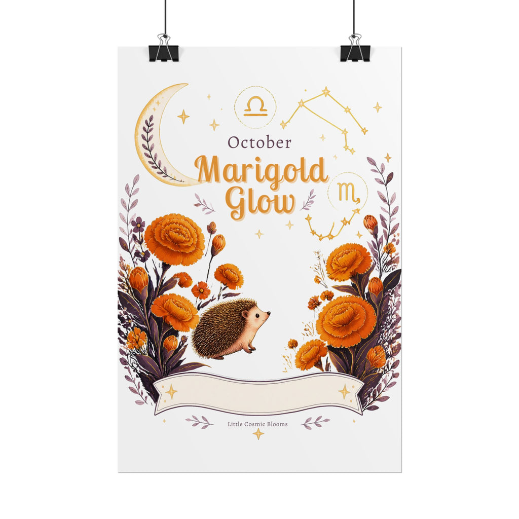October Birth Flower, Marigold Glow Poster — Zodiac Libra/Hedgehog Wall Art