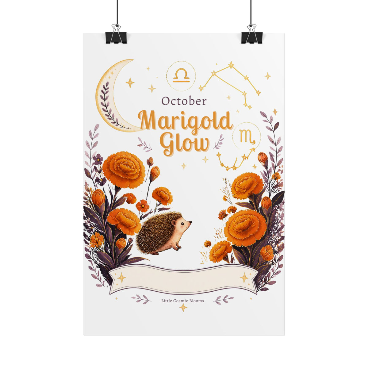 October Birth Flower, Marigold Glow Poster — Zodiac Libra/Hedgehog Wall Art