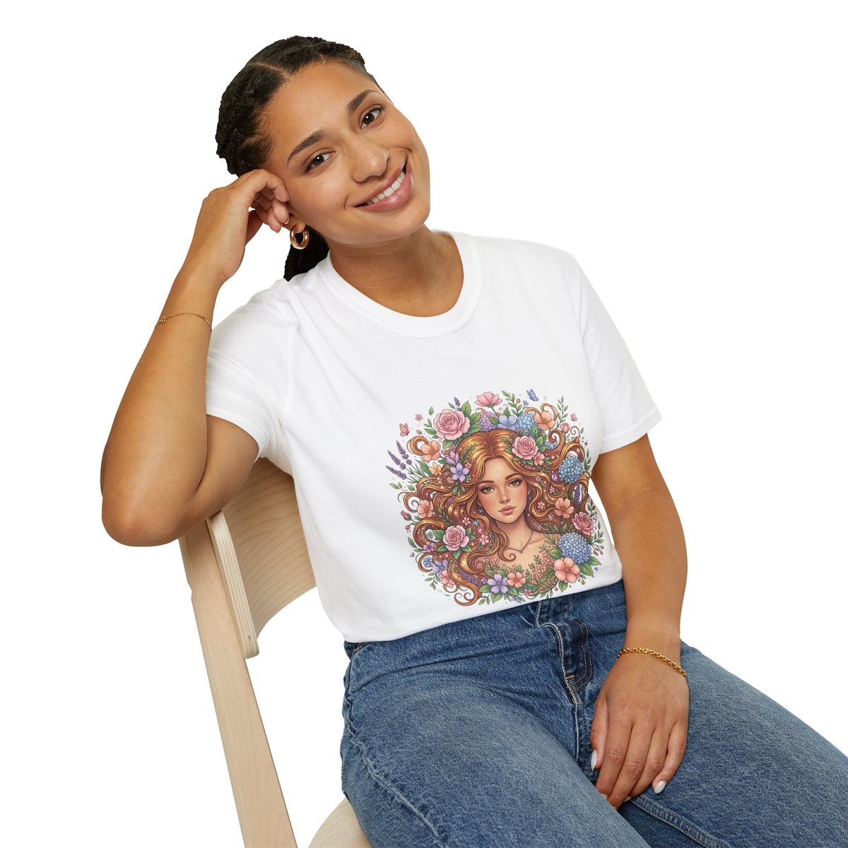 Floral Maiden T-Shirt — Vintage Boho Woman with Flowers Graphic