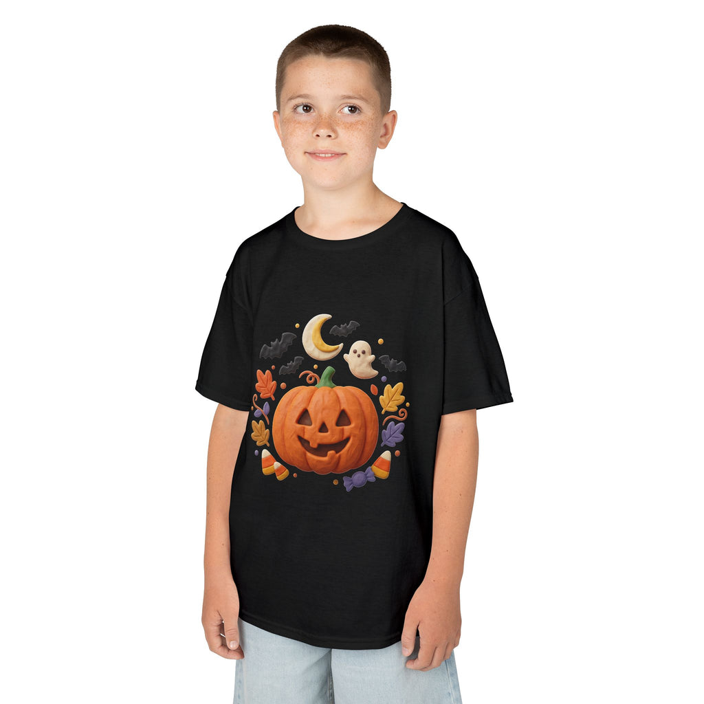 Jack-o'-Lantern Pumpkin Kids Tee | Halloween Ghosts, Bats, Moon, Autumn Leaves