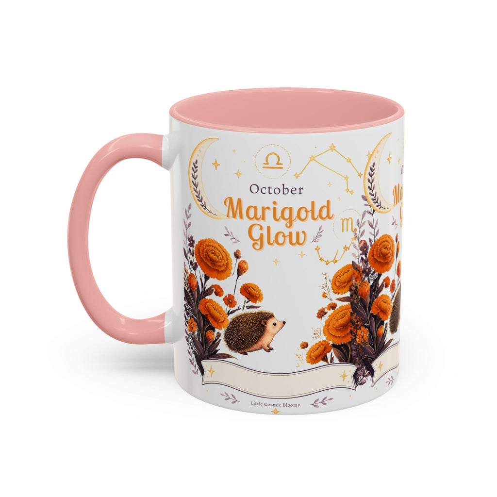 October Birth Flower Marigold Glow Accent Coffee Mug — Zodiac Libra Floral Hedgehog