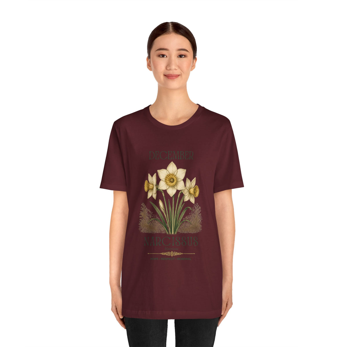 December Birth Flower Tee | Narcissus & Holly Celestial Design | Birthday Gift