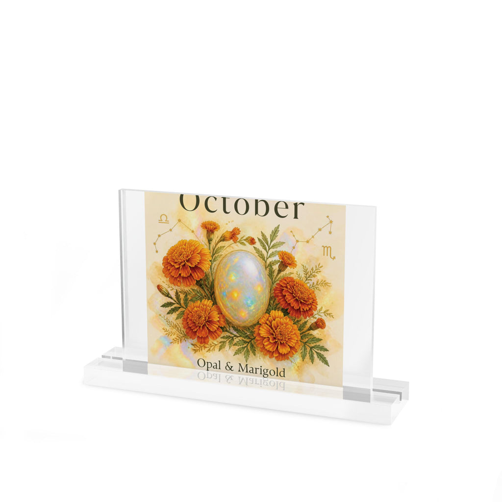 October Opal & Marigold Acrylic Block | Birth Flower & Birthstone Gift. October Opal & Marigold, Birthstone Floral Acrylic Table Sign