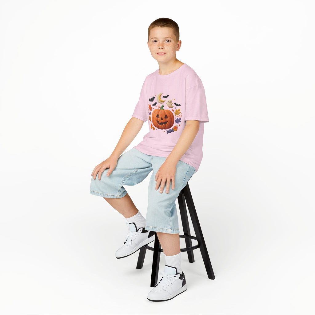Jack-o'-Lantern Pumpkin Kids Tee | Halloween Ghosts, Bats, Moon, Autumn Leaves