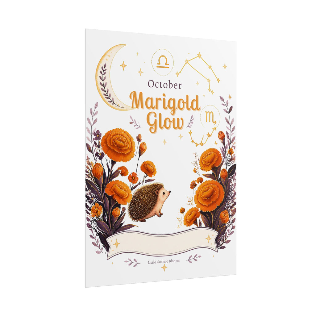 October Birth Flower, Marigold Glow Poster — Zodiac Libra/Hedgehog Wall Art
