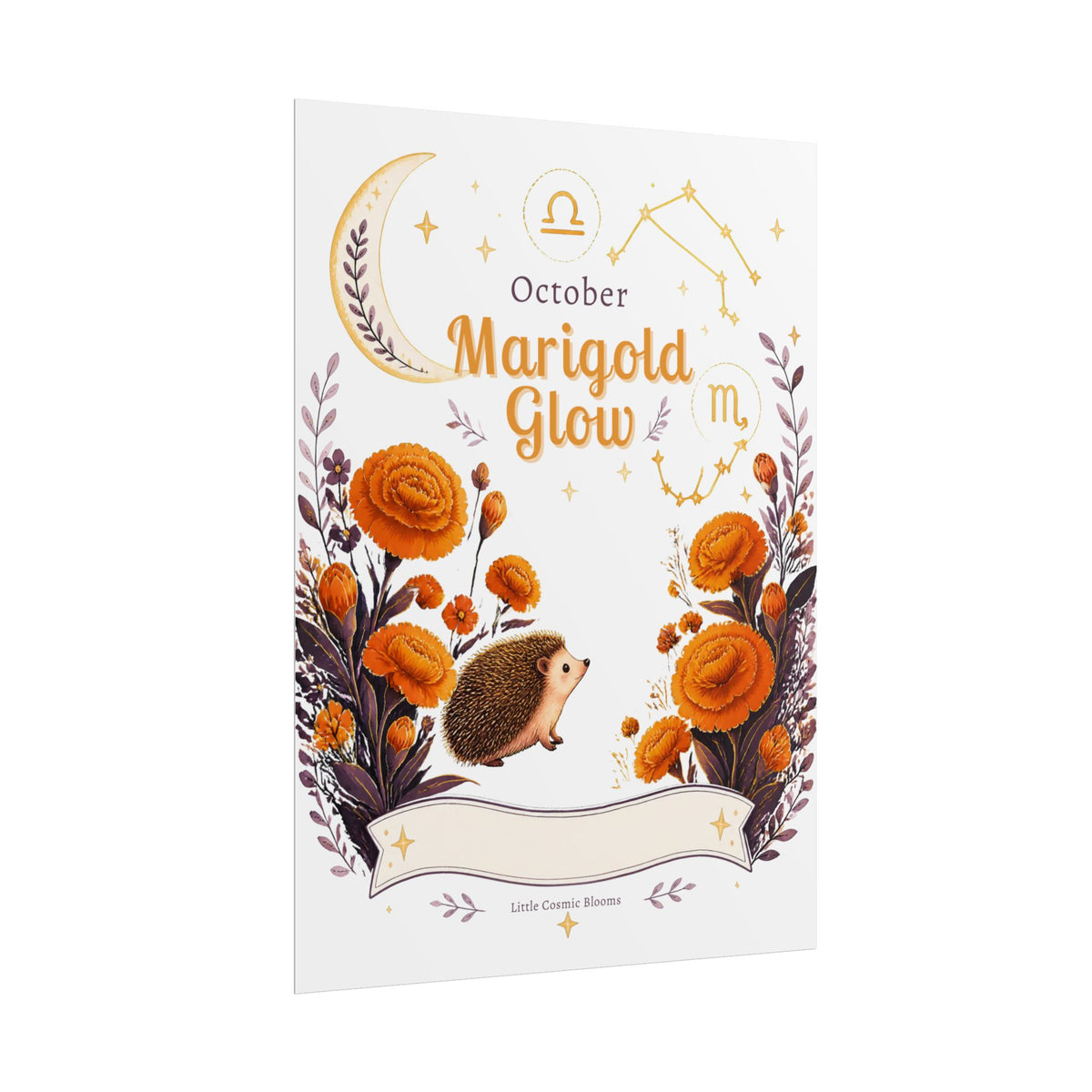 October Birth Flower, Marigold Glow Poster — Zodiac Libra/Hedgehog Wall Art