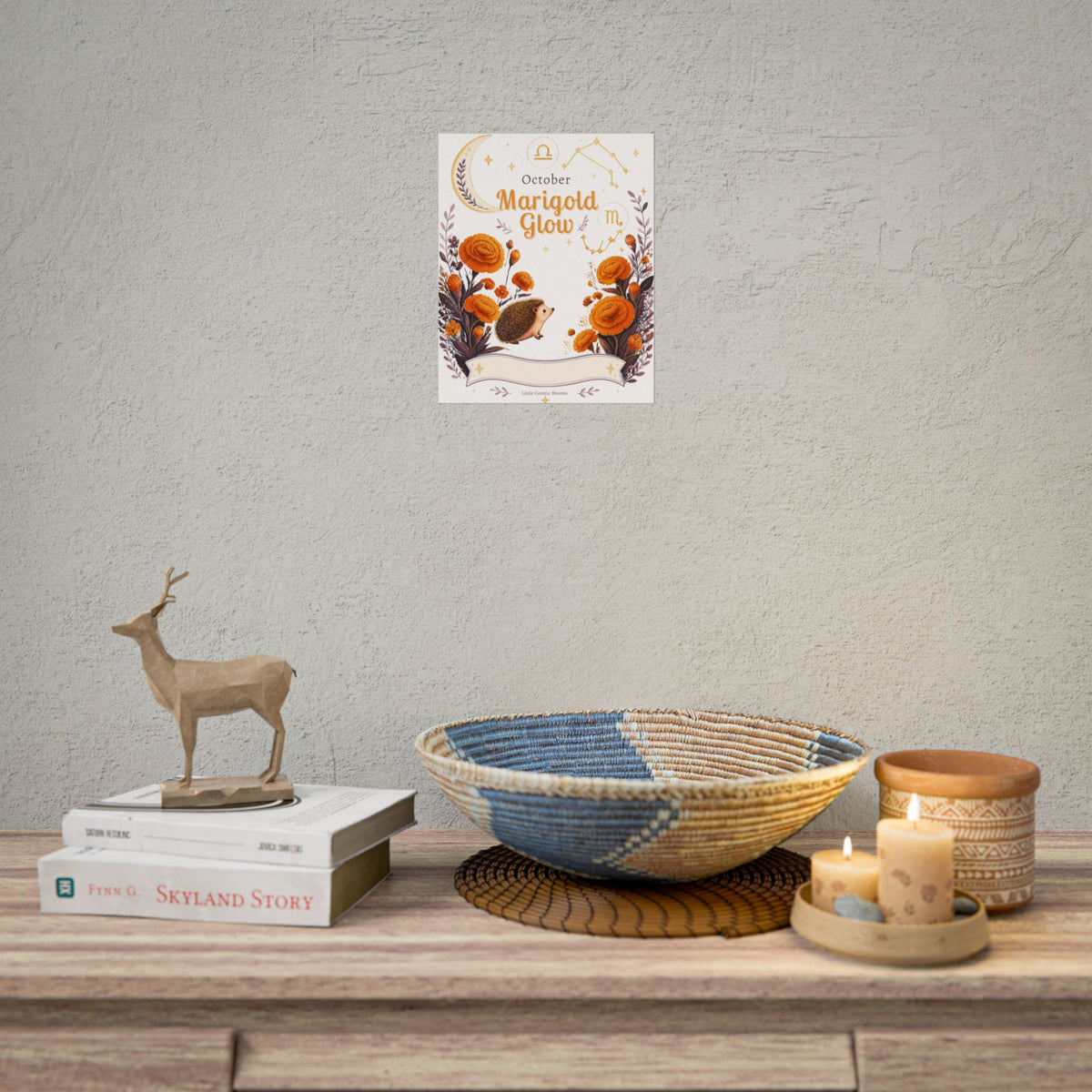 October Birth Flower, Marigold Glow Poster — Zodiac Libra/Hedgehog Wall Art