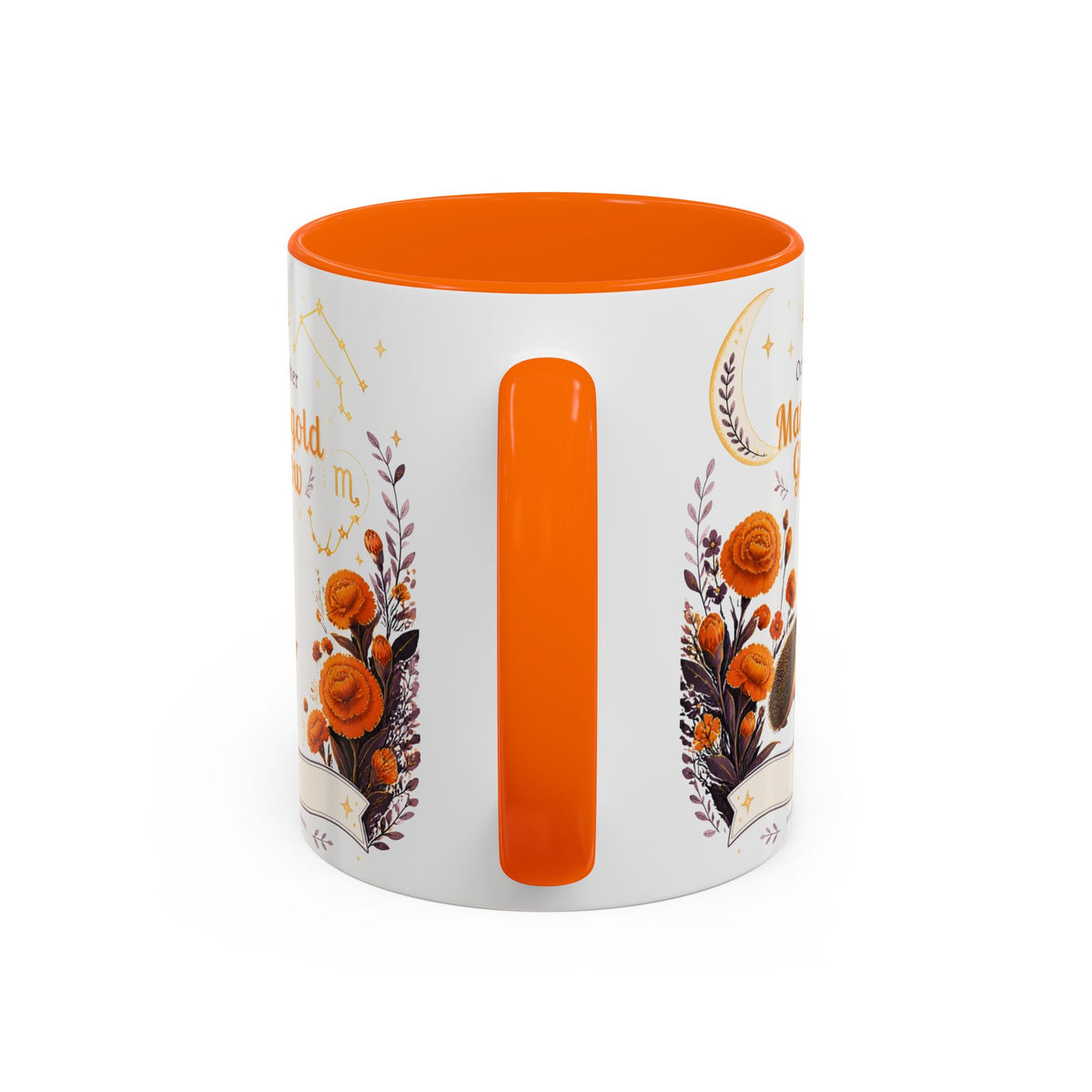 October Birth Flower Marigold Glow Accent Coffee Mug — Zodiac Libra Floral Hedgehog