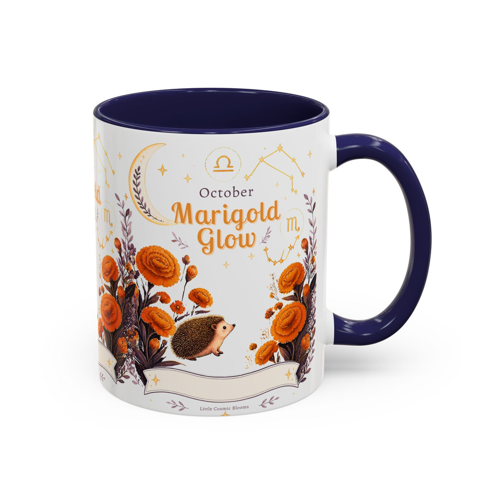 October Birth Flower Marigold Glow Accent Coffee Mug — Zodiac Libra Floral Hedgehog