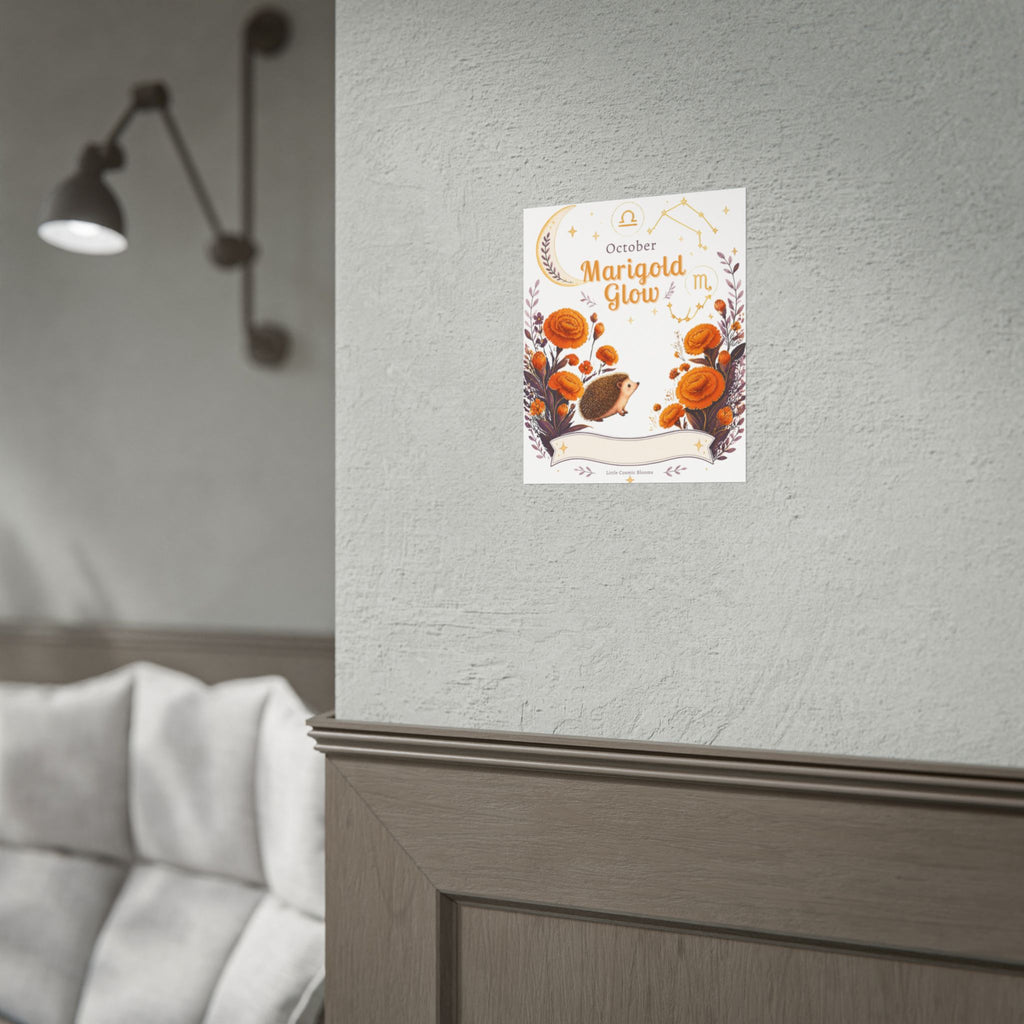 October Birth Flower, Marigold Glow Poster — Zodiac Libra/Hedgehog Wall Art