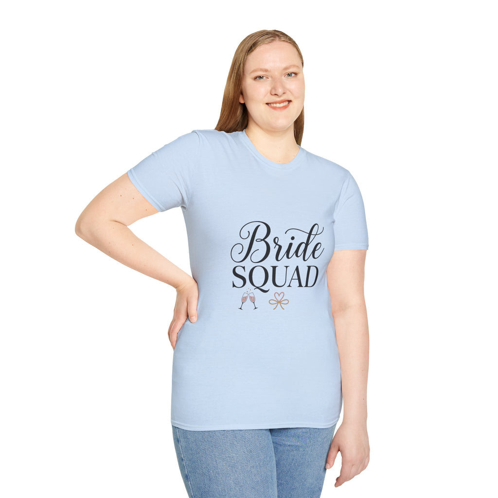 Bride Squad T-Shirt — Bachelorette Party Bridesmaid Tee with Champagne Icons