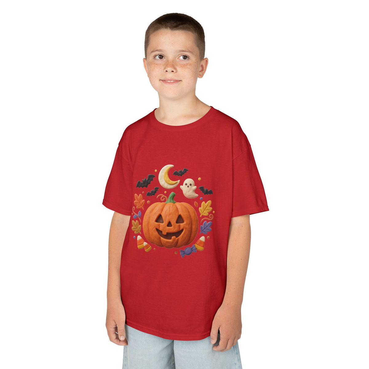 Jack-o'-Lantern Pumpkin Kids Tee | Halloween Ghosts, Bats, Moon, Autumn Leaves
