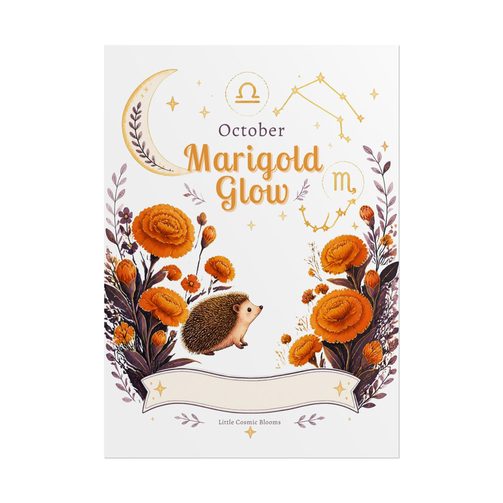 October Birth Flower, Marigold Glow Poster — Zodiac Libra/Hedgehog Wall Art