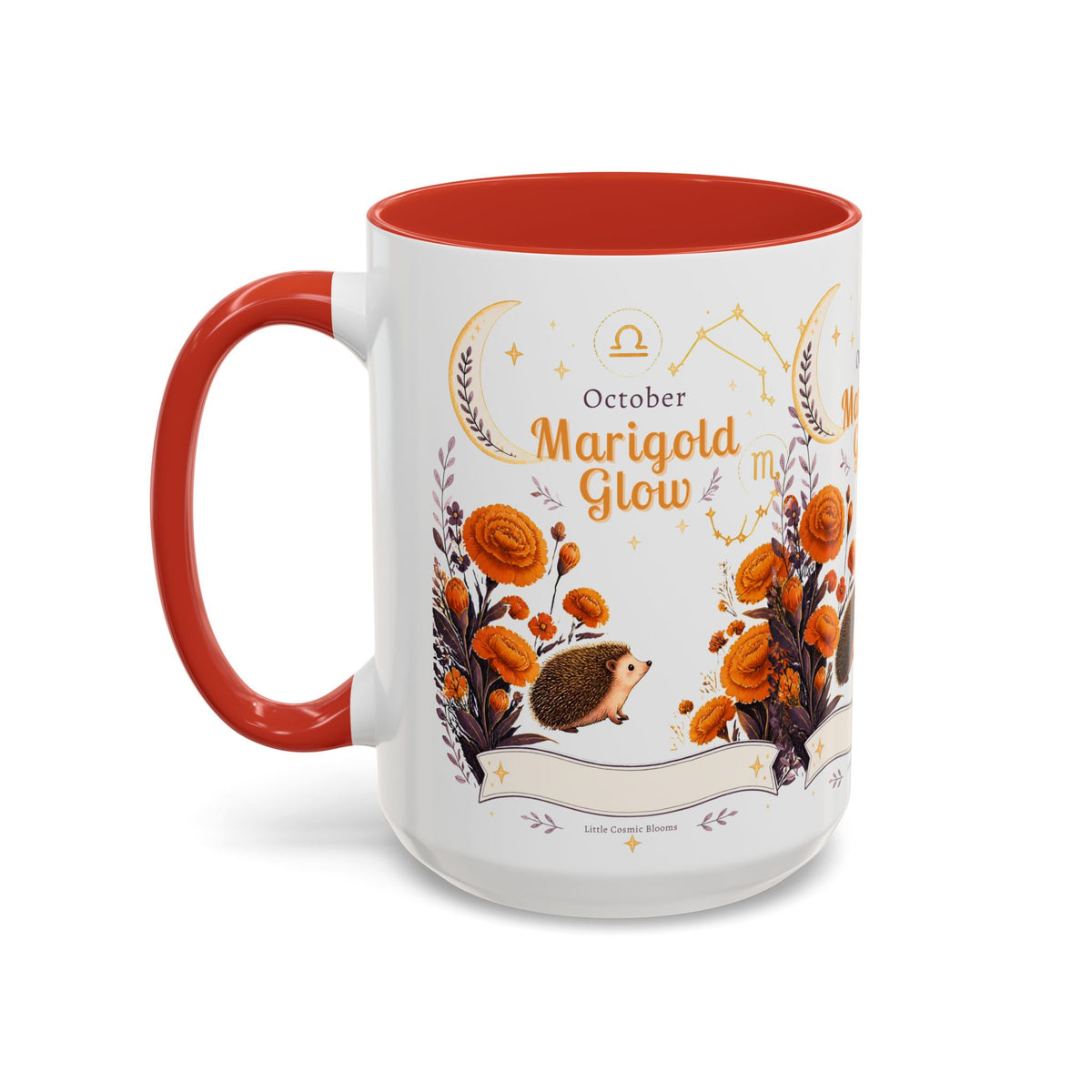 October Birth Flower Marigold Glow Accent Coffee Mug — Zodiac Libra Floral Hedgehog