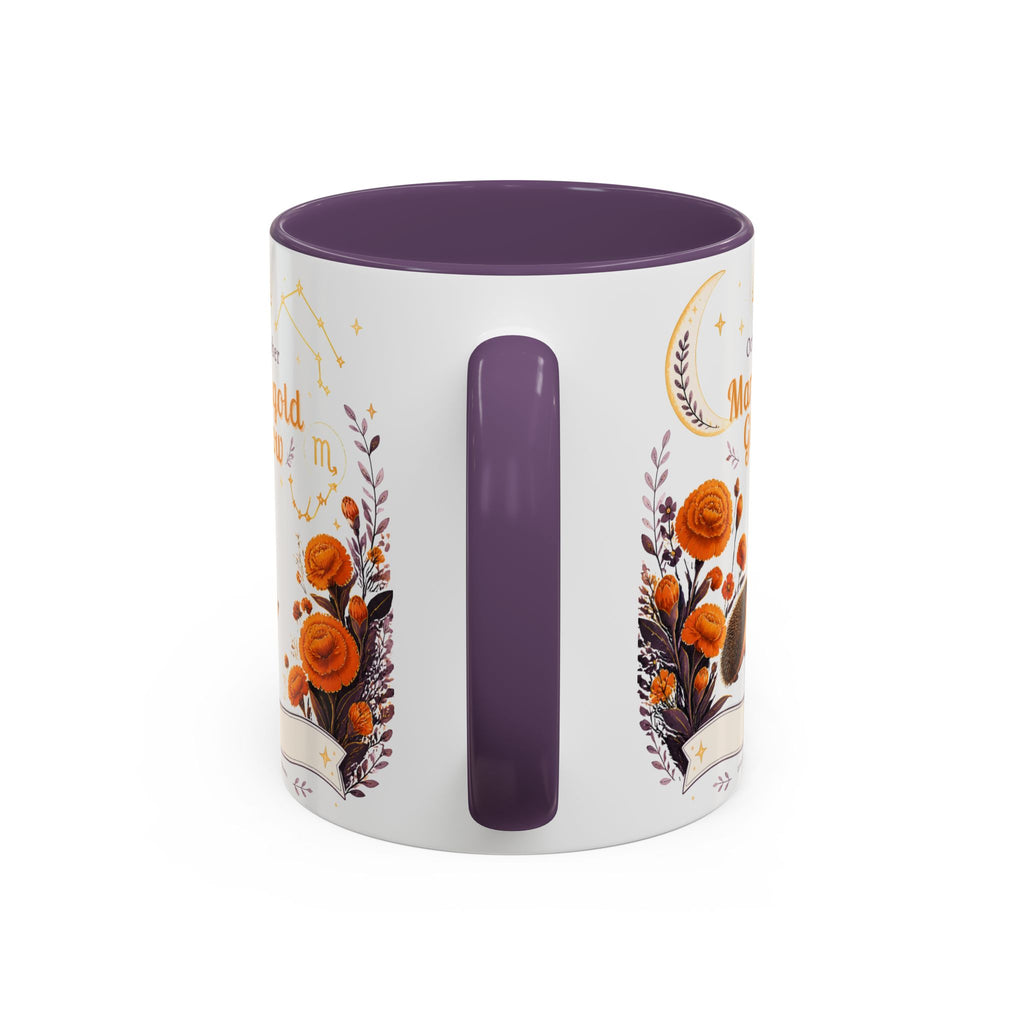 October Birth Flower Marigold Glow Accent Coffee Mug — Zodiac Libra Floral Hedgehog