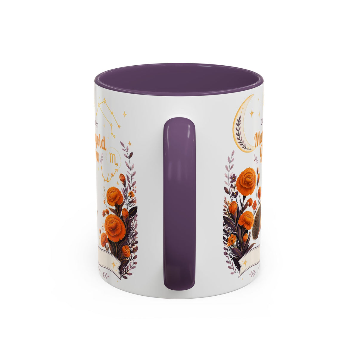 October Birth Flower Marigold Glow Accent Coffee Mug — Zodiac Libra Floral Hedgehog